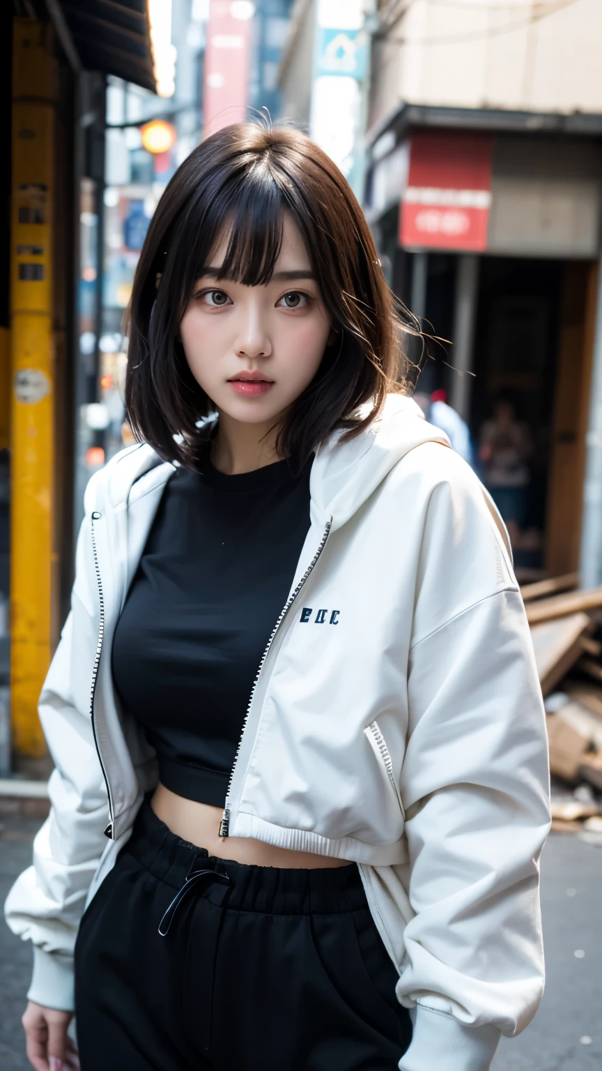 18-year-old,Korean women,(((Facing forward))),カメラをGlaring,(Very fine eye), (((Fabric Shading))), (((highest quality))), (((masterpiece))) strong girl, (((Realistic))), Black Hair, chic hairstyle, ((With bangs,Straight medium bob cut, nice hair)), Light makeup,Red eyes, I&#39;m not wearing lipstick,(((Retro-futuristic outfits))), (nice, strong, It Girl), Strong night atmosphere,  Centered Images, Focus on the camera, Elegant colors,Realistic Skin,Realistic texture,８k,whole body,彼女のBlack Hair, (((Ruins of a dilapidated neon town))),Red iris,Expressionless,(((He is wearing a big black down jacket. ))),Glaring,Perfect Face,(((Big eyes))),She is wearing wide black hip-hop style pants.,Mouth closed, portrait of aespaのウィンター,She is wearing black streetwear, Woman in black streetwear, Photo of a woman in black tech clothing, Girl wearing black hoodie, Cyberpunk Streetwear, Cyberpunk Streetwear street fashion e-girl,Have a credit card