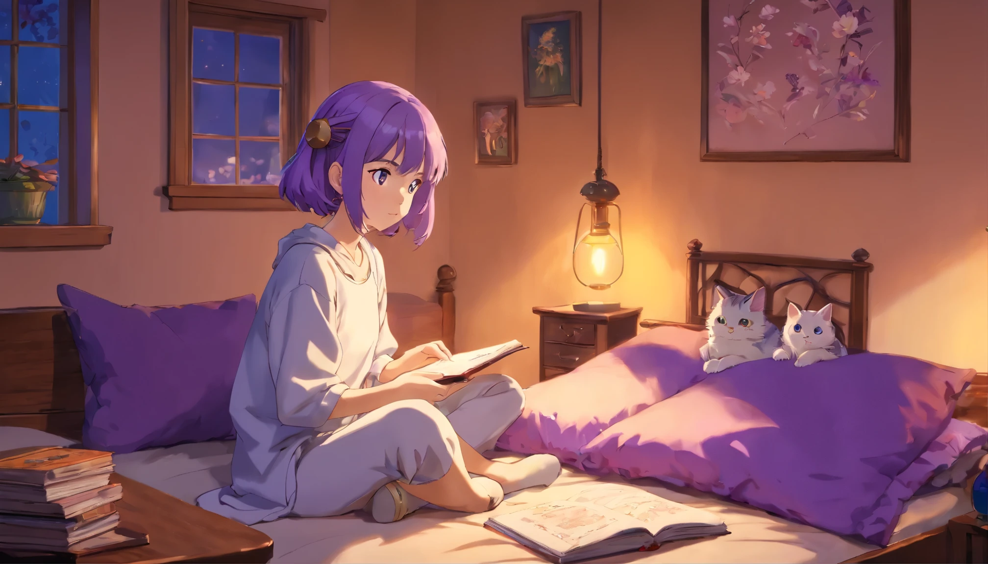 (highest quality,4K,8k,High resolution,masterpiece:1.2),(Very detailed),(Realistic,photoRealistic,photo-Realistic:1.37) Beautiful girl studying in a cozy bedroom, Illuminated by the warm glow of purple light. She has headphones on、I listen to lo-fi music, While her cats curled up beside her on the bed