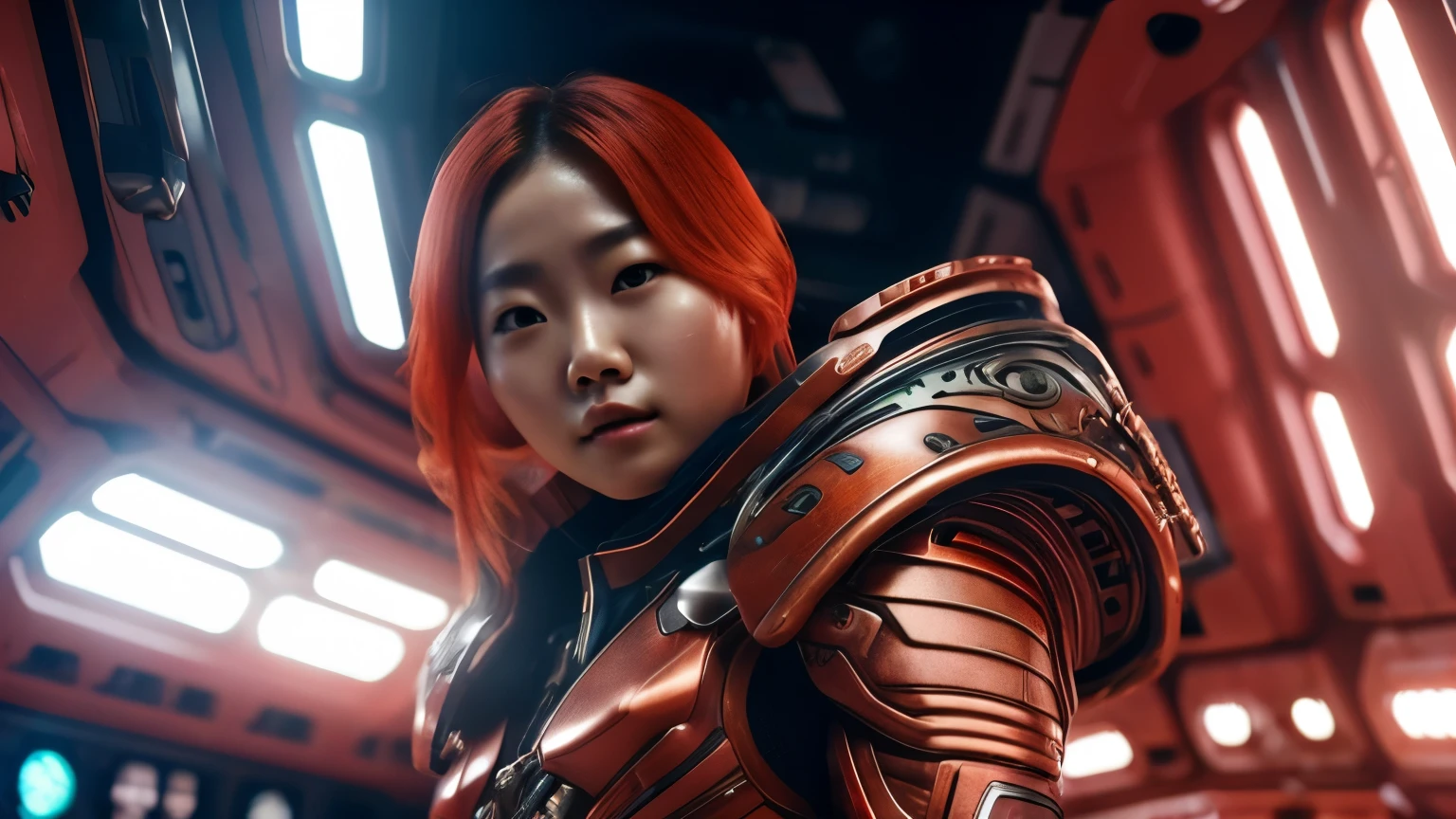 Beautiful sweating korea girl in the style of detailed scifi, turn backside inside a white spaceship with a glass ball dom cockpit, red armor,shirtless,copper hair up,body,boot, the red old yamato battleship flying outside, intricate details and lighting, vibrant colors, high futurism gloss, perfect imagery, octane render