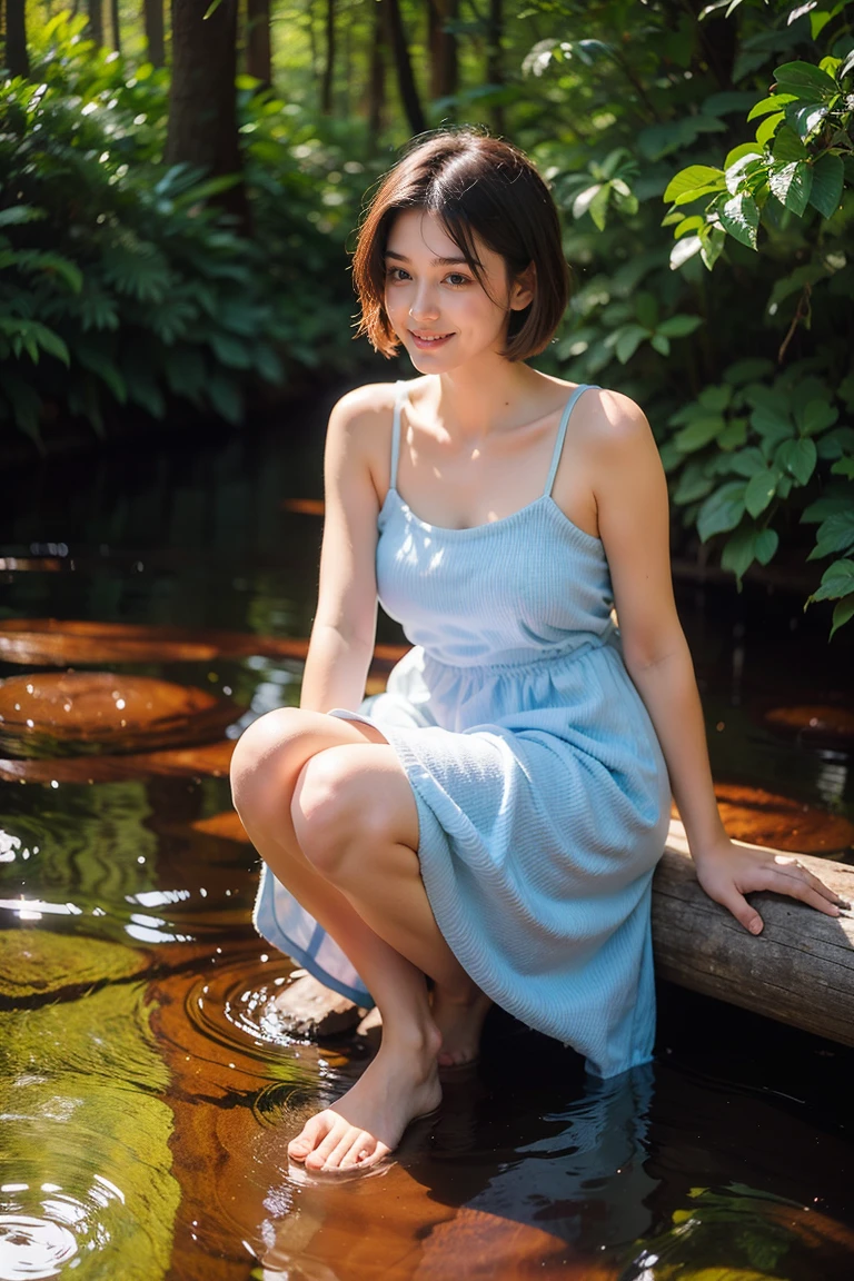 Woman wading knee-deep in lake in deep forest as the sun rises、A woman wearing a nightdress lifts the hem with both hands to keep it from getting wet.、The light of the sun is reflected on the water surface、There are thin clouds、A woman wearing a dark blue nightdress、brown hair with bangs、smile、See here、full body photo、masterpiece、highest quality、Super detailed、official art、(((masterpiece))), (((highest quality))), ((intricate details)), ((surreal))、
