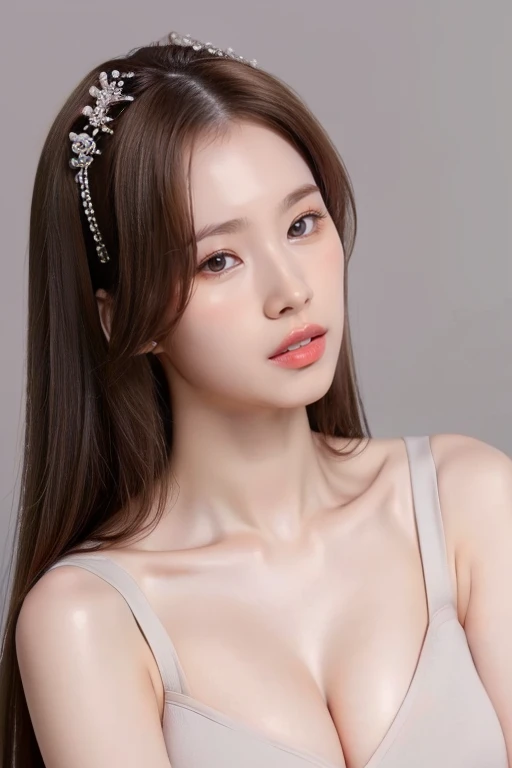 highest quality, masterpiece, ultra high resolution, (realistic:1.4), Raw photo, 1 girl, simple gray background, ((too much exposure、ballerina、I can see the cleavage、slouch)), looking at the viewer