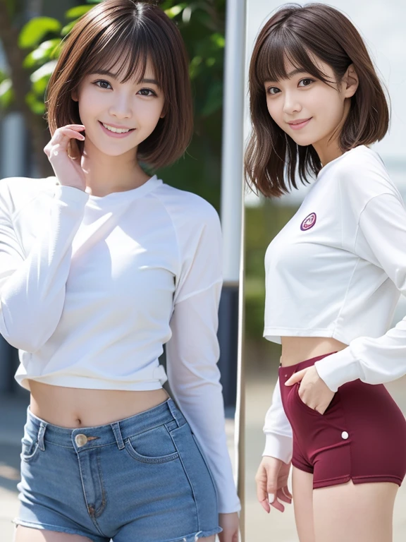 cute japanese college student、24-years-old、Super detailed face、Attention to detail、double eyelid、Beautiful thin nose、Sharp focus:1.2、Beautiful woman:1.4、(Brunette colored hair、Short Hair)、（Detailed facial features）、Brunette eyes、Natural Bangs、White skin、highest quality、masterpiece、超A high resolution、(Photorealistic:1.4)、非常に詳細でプロフェッショナルな照明のsmile、looking at the camera、Bright lighting、Professional Lighting、Smooth lighting、One person is standing、(Cute long sleeve cycling jersey)、 (Berry Shorts)、Sports shorts、（Outdoor）、hot pants、smile、belly button、Beautiful waistline
