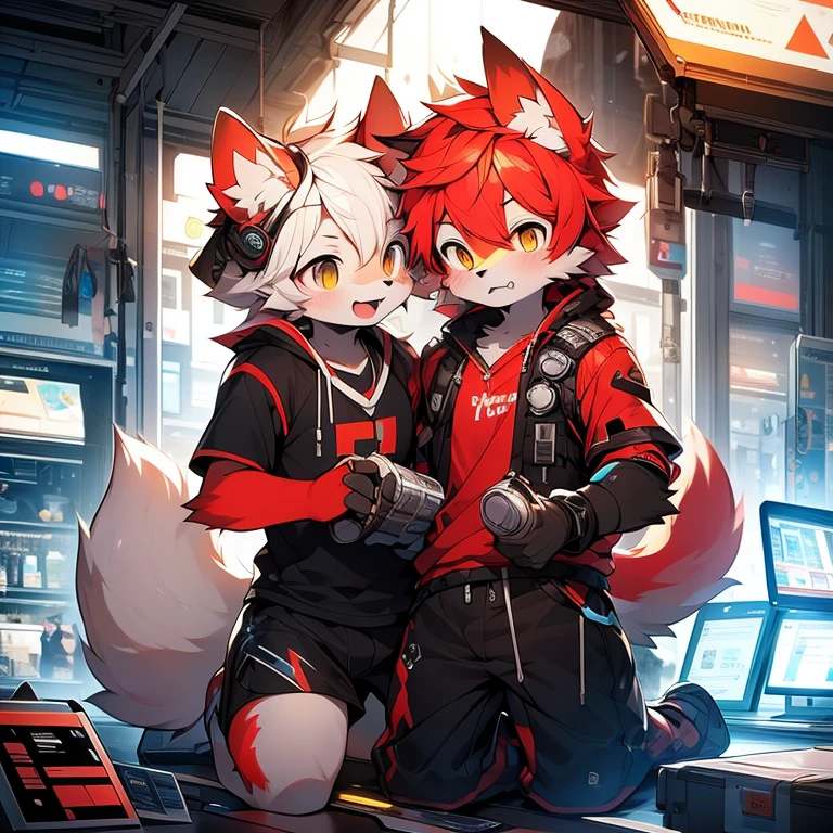 Chastity cage,whole body,Convex,Shotahairy的,Wolf,exhibit,,sky blue,Delicate style,,Fine hair,slender hands,sports white socks,Wear technology floating right eye luminous goggles,Paired with black technical style short sleeves,Short hair details,red hair(There is a small strand of red hair on the front),Yellow pupils,hairy,,red animal ears,Mottled light and shadow,Cyberpunk technology,cute,Handsome,Shota,Meat pad,The waist is slightly thinner,Boys,Hair with bangs,There are God's eyes,Black shorts,,Serious,Cyberpunk machine Windy City,,appearance,Stand up,Serious,尾巴hairy的,Hand-held laser cannon,Kneeling,Bare fangs,Wear white,Gray tech headphones