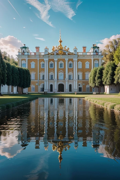 llustration of the most beautiful building in St. Petersburg. Catherine Palace is one of the most beautiful buildings in the world. This beautiful building with a bright blue facade is made in the Baroque style.