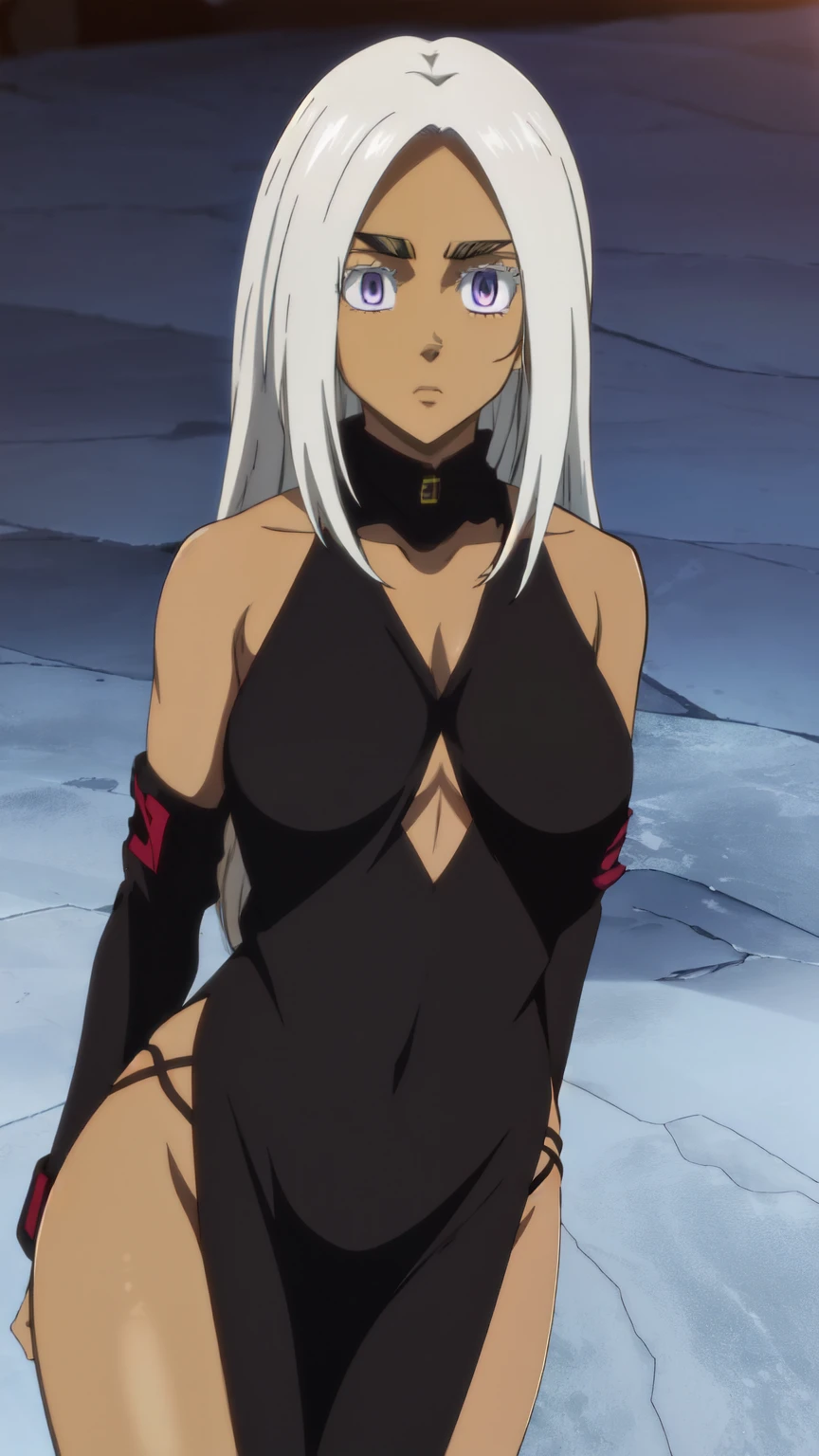one girl , just one girl , masterpiece, best quality,Anime - serious face - wearing black night dress - Anime girl - with white long hair - purple eyes - tanned skin - body with feminine curves - perfect curves , tanned skin , just one girl ,white eyebrow , ful eyelesh, gang boss