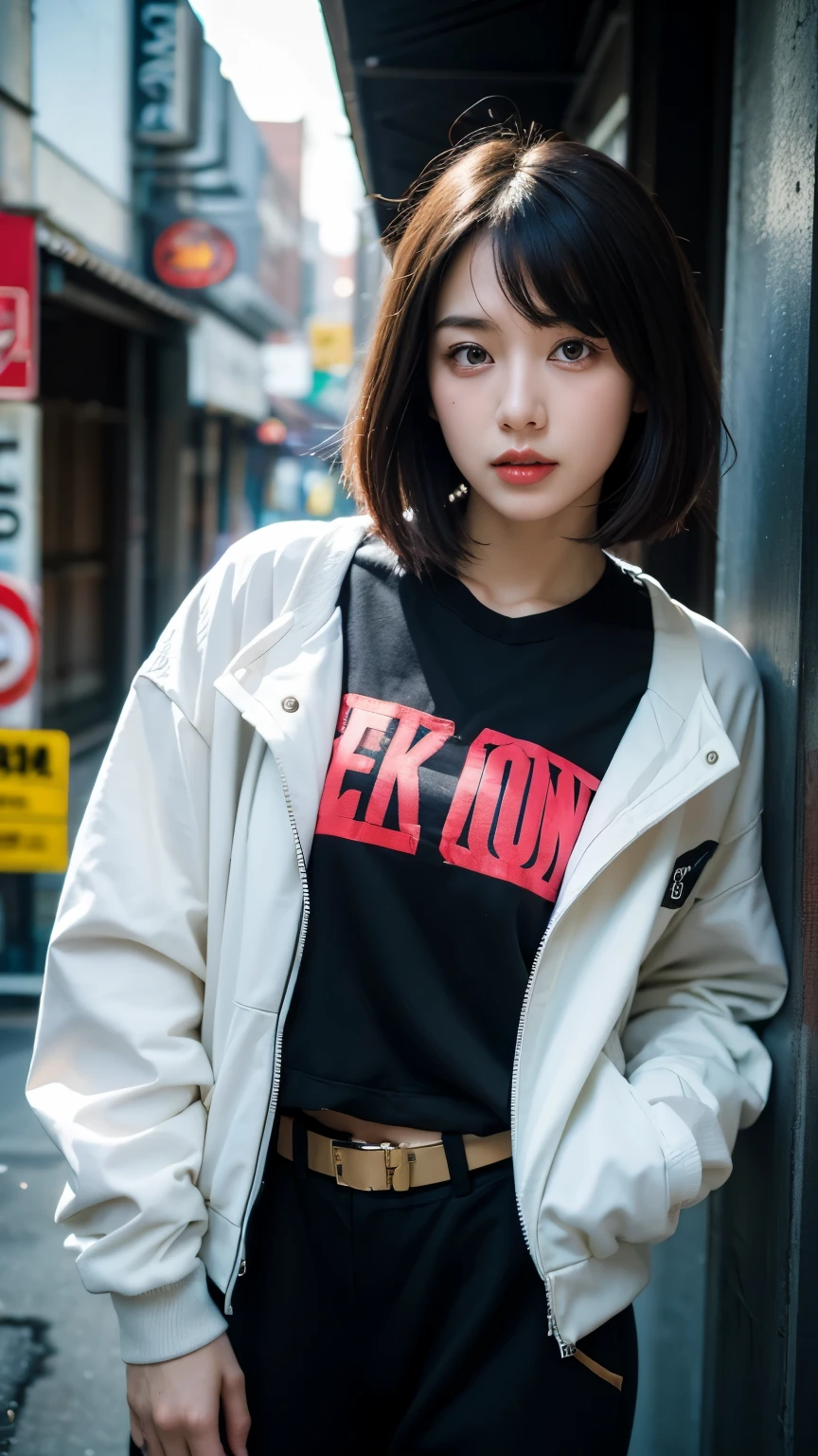 18-year-old,Korean women,(((Facing forward))),カメラをGlaring,(Very fine eye), (((Fabric Shading))), (((highest quality))), (((masterpiece))) strong girl, (((Realistic))), Black Hair, chic hairstyle, ((With bangs,Straight medium bob cut, nice hair)), Light makeup,Red eyes, I'm not wearing lipstick,(((Retro-futuristic outfits))), (nice, strong, It Girl), Strong night atmosphere, Centered Images, Focus on the camera, Elegant colors,Realistic Skin,Realistic texture,8k,whole body,Pale skin, (((Ruins of a dilapidated neon town))),Red iris,Expressionless,(((He is wearing a big black down jacket. ))),Glaring,Perfect Face,(((Big eyes))),She is wearing wide black hip-hop style pants.,Mouth closed, portrait of aespaのウィンター,She is wearing black streetwear, Woman in black streetwear, Photo of a woman in black tech clothing, Girl wearing black hoodie, Cyberpunk Streetwear, Cyberpunk Streetwear street fashion e-girl,Have a credit card