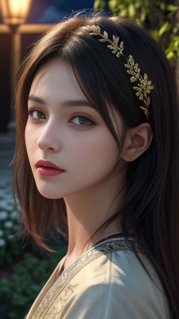 (8k, masterpiece, best quality), ultra-detailed, detailed beautiful round eyes, beautifully detailed face, high quality, high resolution, 1 girl, medium breast, (Devine cloth:1.5), nighttime, night garden background, (LOOKING AT VIEWER:1.3), (female focus:0.886) SUPER TEXTURE, UNREAL ENGINE RENDER, PHYSICALLY-BASED RENDERING, ULTRA HIGHT DEFINITION, 16K, 1080P.realistic, photorealistic, masterpiece, beautiful, (masterpiece, best quality, highres:1.2), (photorealistic:1.2), (intricate and beautiful:1.2), (detailed light:1.2), (soft lighting, side lighting, reflected light), (colorful, dynamic angle), fashion photography, light passing through hair, (perfect skin), natural lighting,