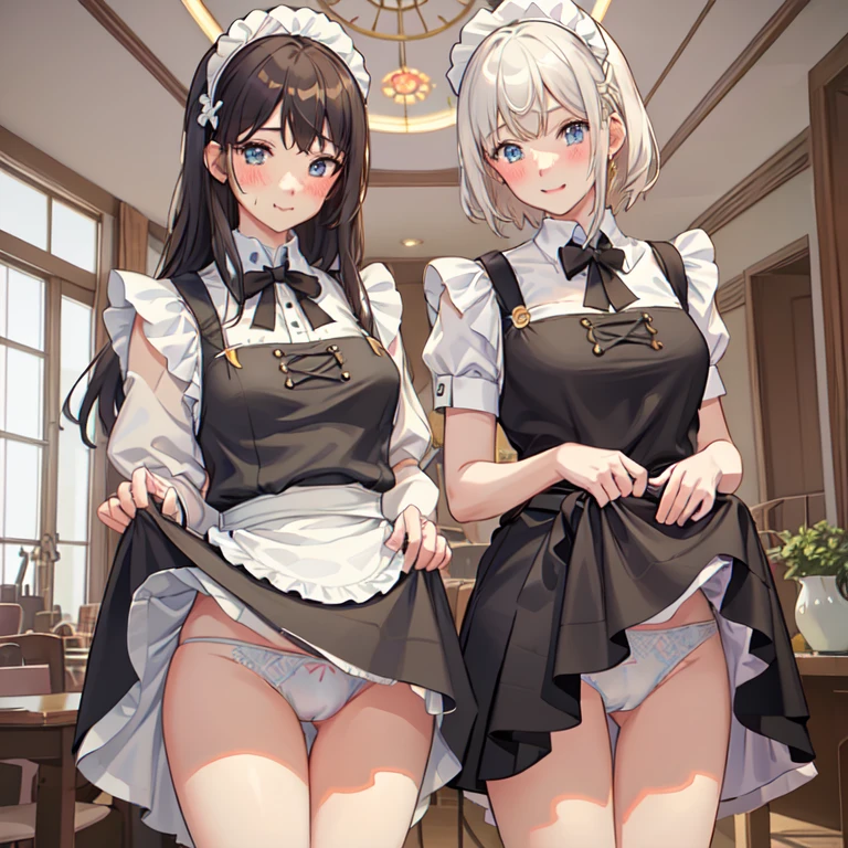 highest quality、masterpiece、((2 girls))、((smile))、(blush:1.3)、Black Shirt、blouse、((fun!!))、(Small breasts)、(One-strand braid)、(Blonde)、()、((White apron:1.5))、((Maid))、((hair ornaments)),、Kamimei、look at me、 ((in house:1.5))、 Taking a break from watching the audience、Cowboy Shot、(Skirt lift:1.3),(Highly detailed white panties:1.3)、(Highly detailed panties:1.3)、、(スカート that rolls up:1.3)、(Panties fully exposed:1.5)、Light blue eyes、long hair、spoken heart