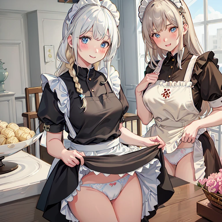 highest quality、masterpiece、((2 girls))、((smile))、(blush:1.3)、Black Shirt、blouse、((fun!!))、(Small breasts)、(One-strand braid)、(Blonde)、()、((White apron:1.5))、((Maid))、((hair ornaments)),、Kamimei、look at me、 ((in house:1.5))、 Taking a break from watching the audience、Cowboy Shot、(Skirt lift:1.3),(Highly detailed white panties:1.3)、(Highly detailed panties:1.3)、、(スカート that rolls up:1.3)、(Panties fully exposed:1.5)、Light blue eyes、long hair、spoken heart