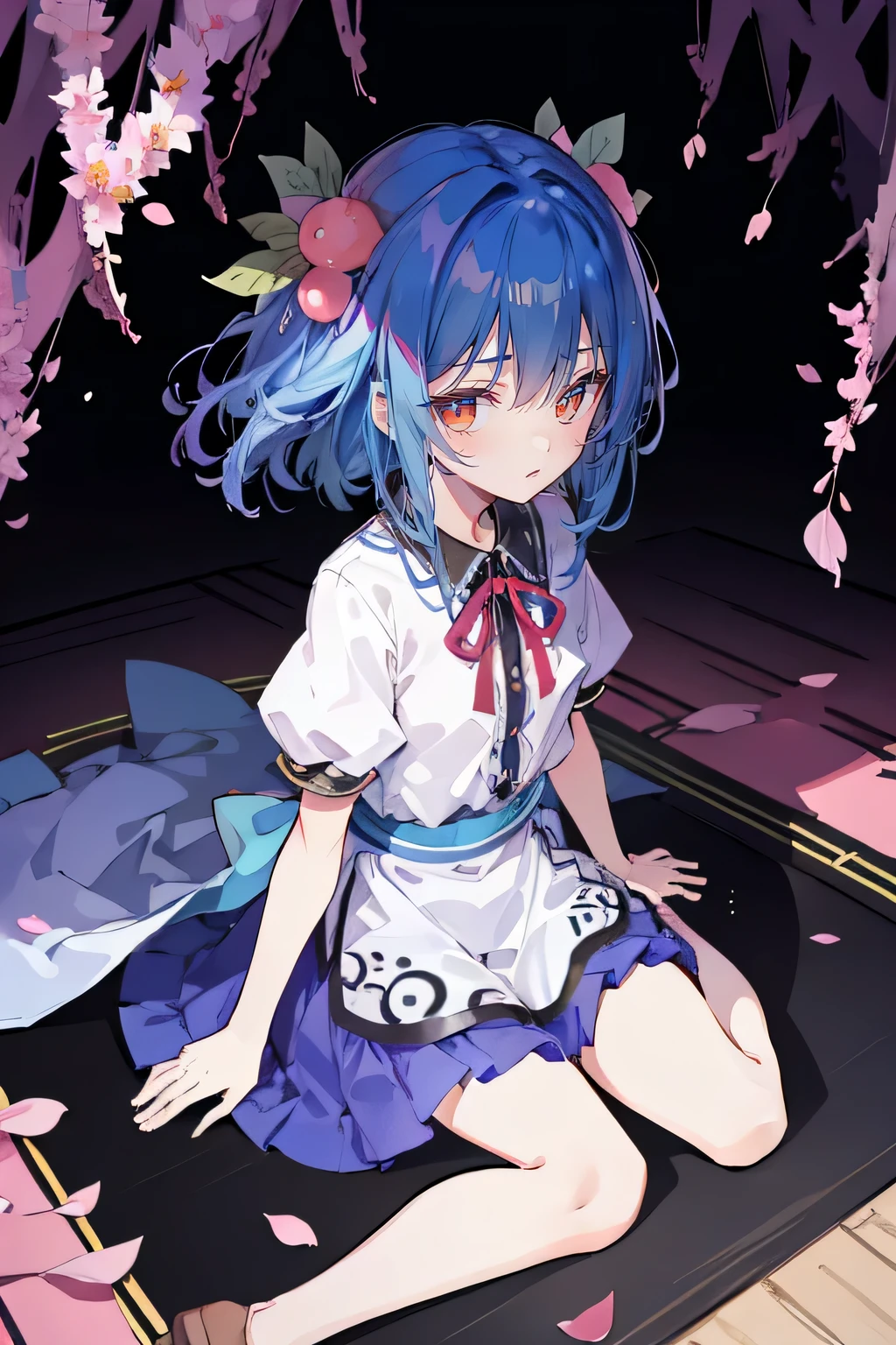(best quality, masterpiece:1.2), expressive eyes, perfect face, 1 girl, hands on waist, beautiful, gorgeous, Japanese animation, Lola, Hinamori Angel, blue hair, floating clothes, waist grab, waist grab, hands on hips, sitting, sitting on the ground, legs on the ground, flat-chested, falling petals, sitting in a pavilion, pavilion.