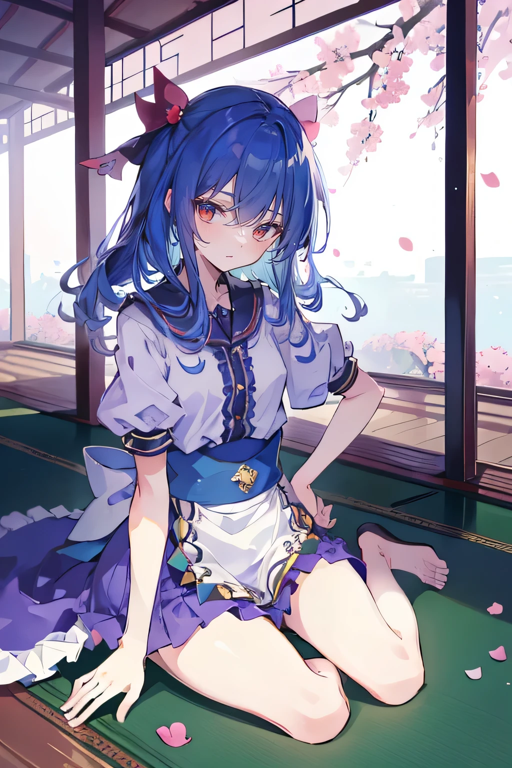 (best quality, masterpiece:1.2), expressive eyes, perfect face, 1 girl, hands on waist, beautiful, gorgeous, Japanese animation, Lola, Hinamori Angel, blue hair, floating clothes, waist grab, waist grab, hands on hips, sitting, sitting on the ground, legs on the ground, flat-chested, falling petals, sitting in a pavilion, pavilion.