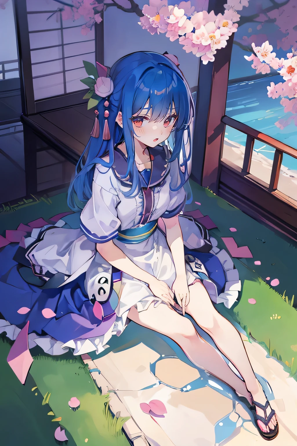 (best quality, masterpiece:1.2), expressive eyes, perfect face, 1 girl, hands on waist, beautiful, gorgeous, Japanese animation, Lola, Hinamori Angel, blue hair, floating clothes, waist grab, waist grab, hands on hips, sitting, sitting on the ground, legs on the ground, flat-chested, falling petals, sitting in a pavilion, pavilion.