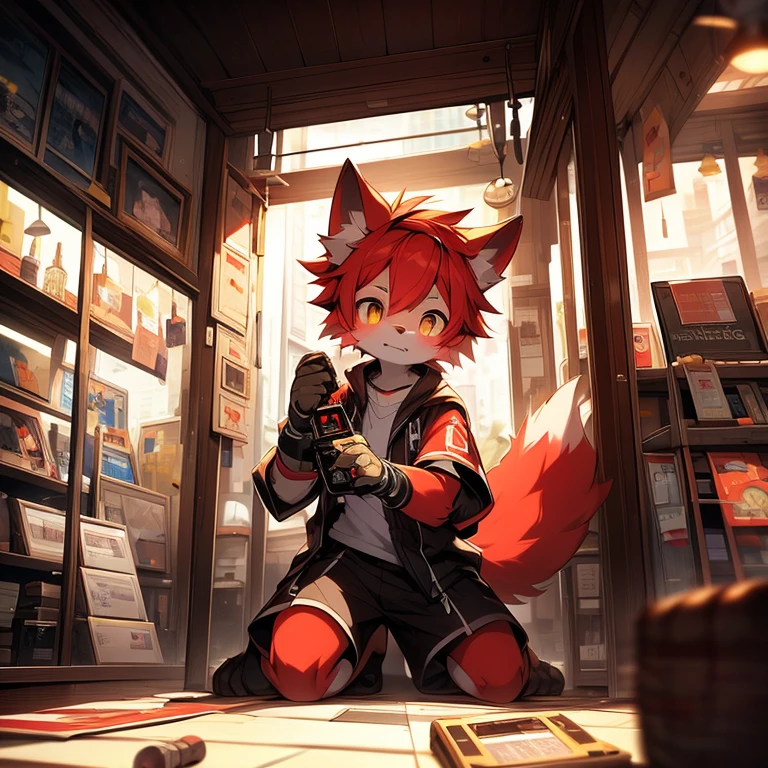 Chastity cage,whole body,Convex,Shotahairy的,Wolf,exhibit,,sky blue,Delicate style,,Fine hair,slender hands,sports white socks,Wear technology floating right eye luminous goggles,Paired with black technical style short sleeves,Short hair details,red hair(There is a small strand of red hair on the front),Yellow pupils,hairy,,red animal ears,Mottled light and shadow,Cyberpunk technology,cute,Handsome,Shota,Meat pad,The waist is slightly thinner,Boys,Hair with bangs,There are God's eyes,Black shorts,,Serious,Cyberpunk machine Windy City,,appearance,Stand up,Serious,尾巴hairy的,Hand-held laser cannon,Kneeling,Bare fangs,Wear white,