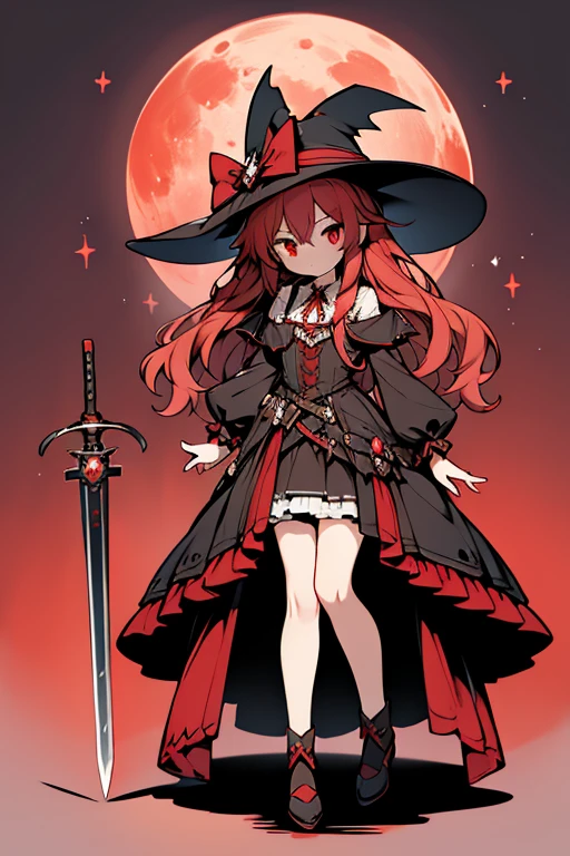 "red gothic ta" "vampire" "loliat wing" "whict hat" "brown and red hair" "red eyes" "hole sword" "fly" "red moon" "full body" "flat chest" "magic circle" "use magic"