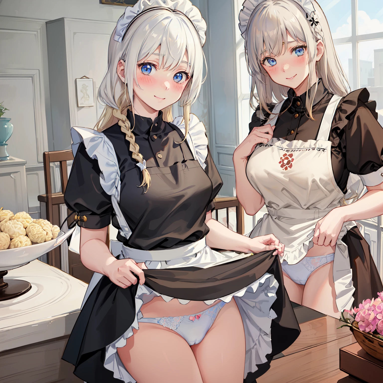 highest quality、masterpiece、((2 girls))、((smile))、(blush:1.3)、Black Shirt、blouse、((fun!!))、(Small breasts)、(One-strand braid)、(Blonde)、()、((White apron:1.5))、((Maid))、((hair ornaments)),、Kamimei、look at me、 ((in house:1.5))、 Taking a break from watching the audience、Cowboy Shot、(Skirt lift:1.3),(Highly detailed white panties:1.3)、(Highly detailed panties:1.3)、、(スカート that rolls up:1.3)、(Panties fully exposed:1.5)、Light blue eyes、long hair、spoken heart