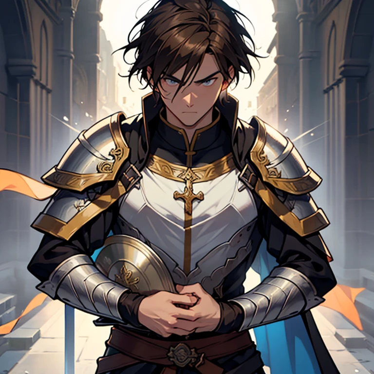 male in his 20s、Brown hair、Paladin、clergyman、The sword、White monastic vestments、plate armor、Cool、skinny、cold stare、strong con、