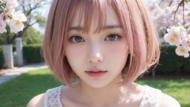 (Bob Cut Hair, Pink Hair:1.2),(wear spring clothes:1.2),1 girl,Japanese,21 years old,(Small breasts:1.3),(highest quality,masterpiece:1.3,超A high resolution,),(Ultra-detailed,Caustics),(Photorealistic:1.4,RAW shooting,)Ultra-Realistic Capture,Very detailed,High resolution 16K human skin close-up。 Natural skin texture、,Pores、、It needs to be detailed enough to be easily identifiable。 Skin should be even-toned and healthy looking。 Use natural light and colour, Sad expression, Looking at the camera, Perfect dynamic composition, under the cherry tree
