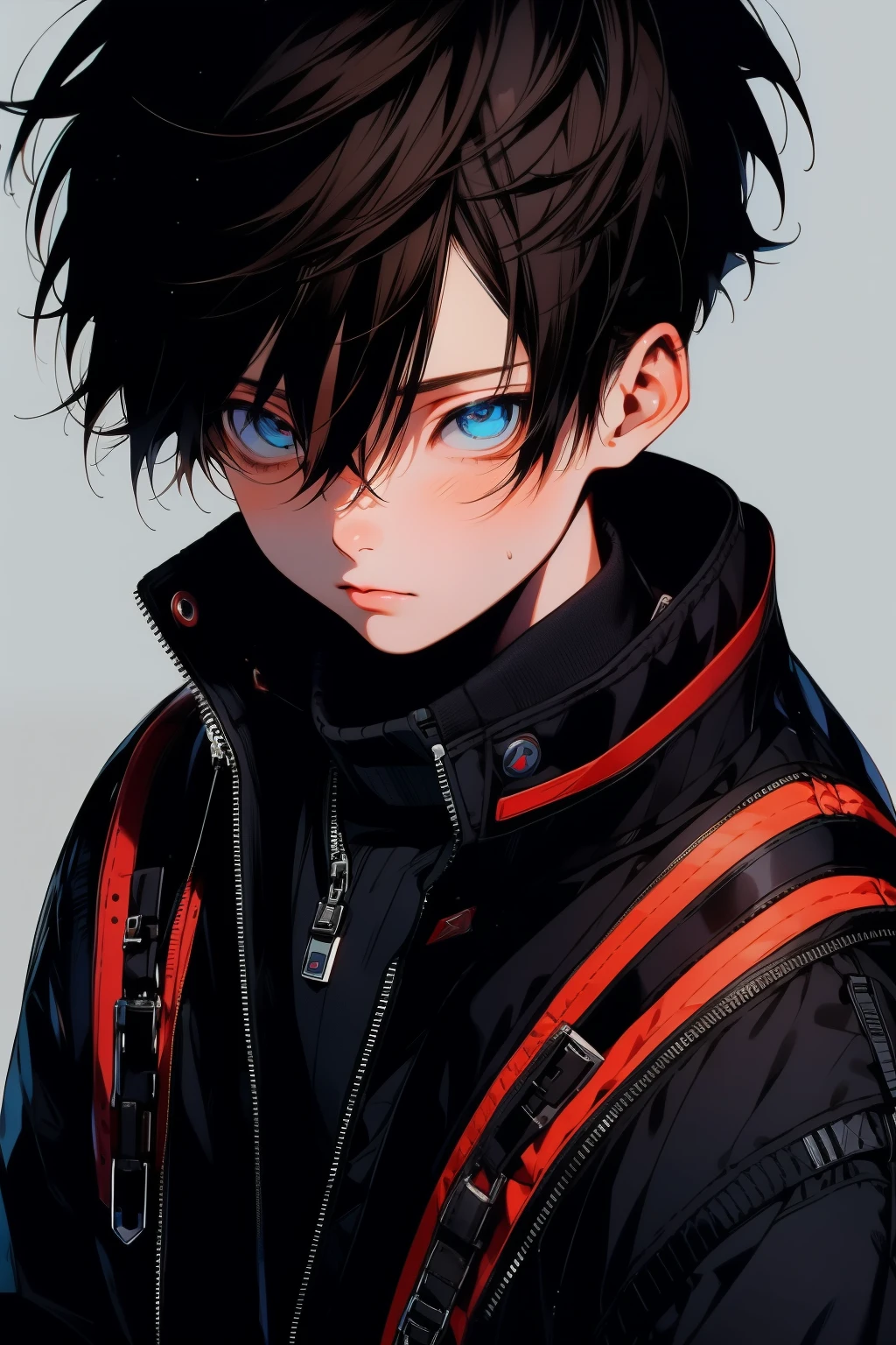 anime, boy, Brown hair, short hair, blue eyes, stylish jacket, black pants