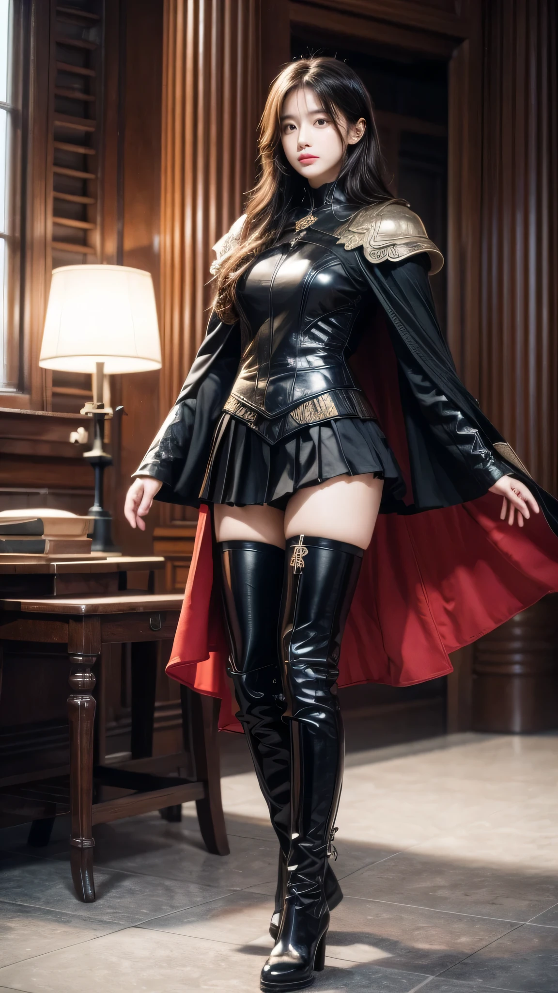 black trumpet, armor, library, Red Eyes, trumpet, cape, skirt, Boots, Brown hair, window, crazy, frown