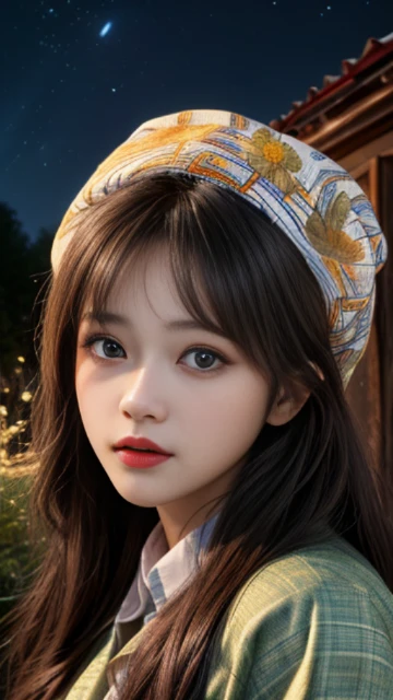 (8k, masterpiece, best quality), ultra-detailed, detailed beautiful round eyes, beautifully detailed face, high quality, high resolution, 1 girl, medium breast, (Devine cloth:1.5), nighttime, night garden background,