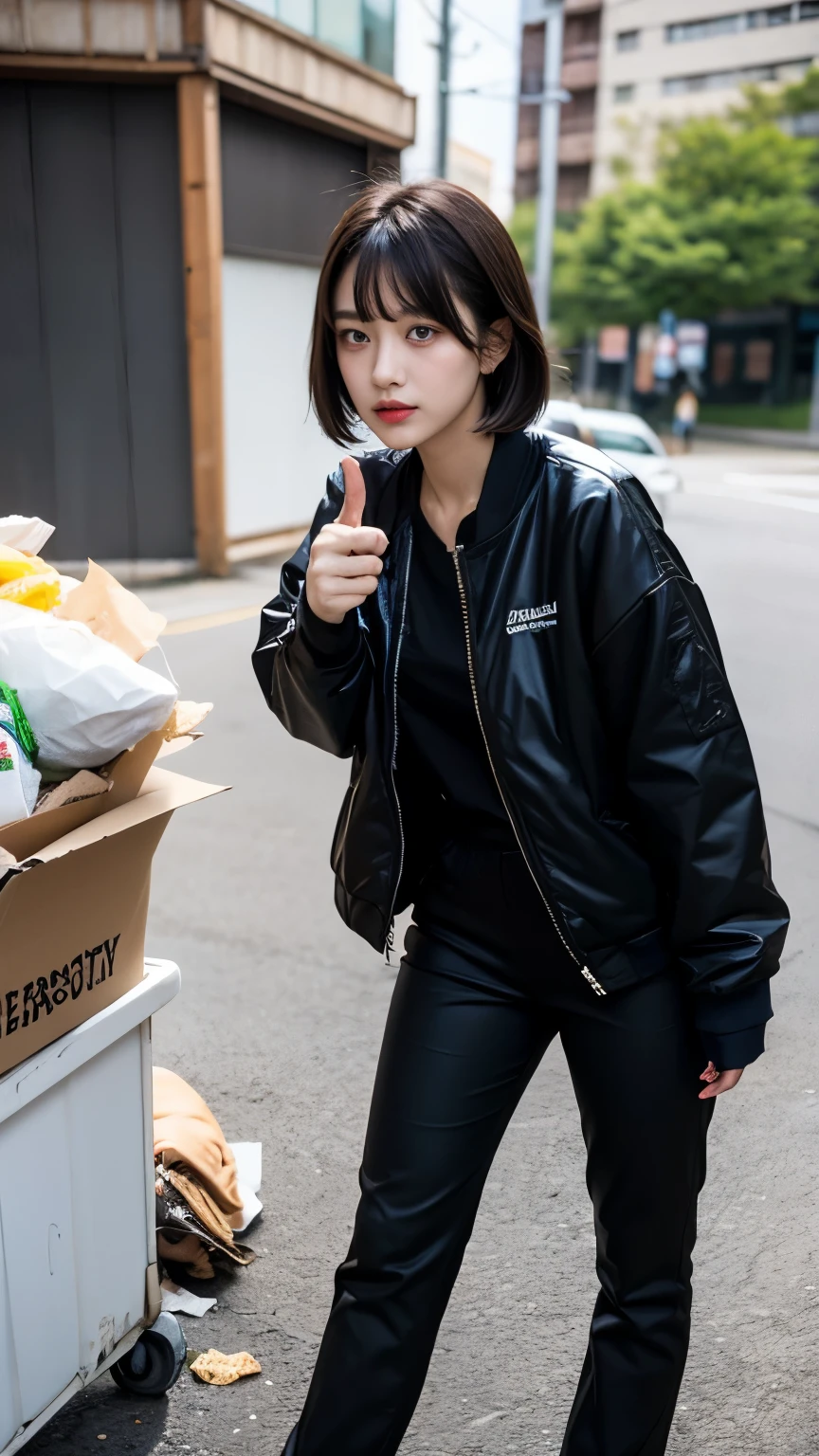 18-year-old,Korean women,(((Facing forward))),カメラをGlaring,(Very fine eye), (((Fabric Shading))), (((highest quality))), (((masterpiece))) strong girl, (((Realistic))), Black Hair, chic hairstyle, ((With bangs,Straight medium bob cut, nice hair)), Light makeup,Red eyes, I&#39;m not wearing lipstick,(((Retro-futuristic outfits))), (nice, strong, It Girl), Strong night atmosphere,  Centered Images, Focus on the camera, Elegant colors,Realistic Skin,Realistic texture,８k,whole body,Pale skin, (((Dirty garbage dump))),Red iris,Expressionless,(((He is wearing a big black down jacket. ))),Glaring,Perfect Face,(((Big eyes))),She is wearing wide black hip-hop style pants.,Mouth closed, portrait of aespaのウィンター,She is wearing black streetwear, Woman in black streetwear, Photo of a woman in black tech clothing, Girl wearing black hoodie, Cyberpunk Streetwear, Cyberpunk Streetwear street fashion e-girl,Perfect thumbs up