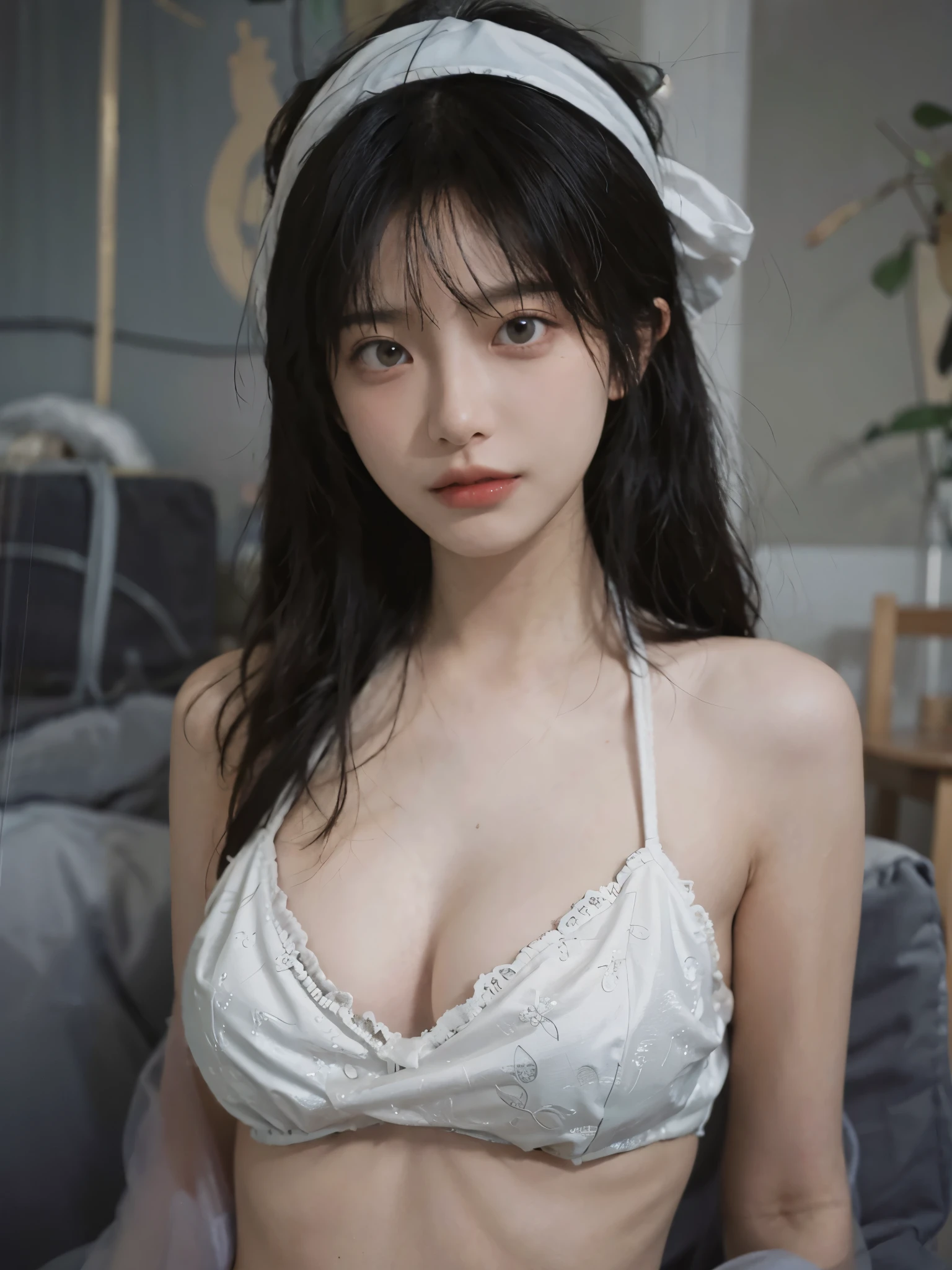best qualtiy,tmasterpiece,Ultra-high resolution,(realisticlying:1.4),1girll,A pair of bright eyes,Raised sexy,Full of atmosphere,Being in the room,Cleavage is seductive,,(Yellow bra:1.6),(Bikini:1.4),(Bigchest:2.8),(The upper part of the body:1.4)