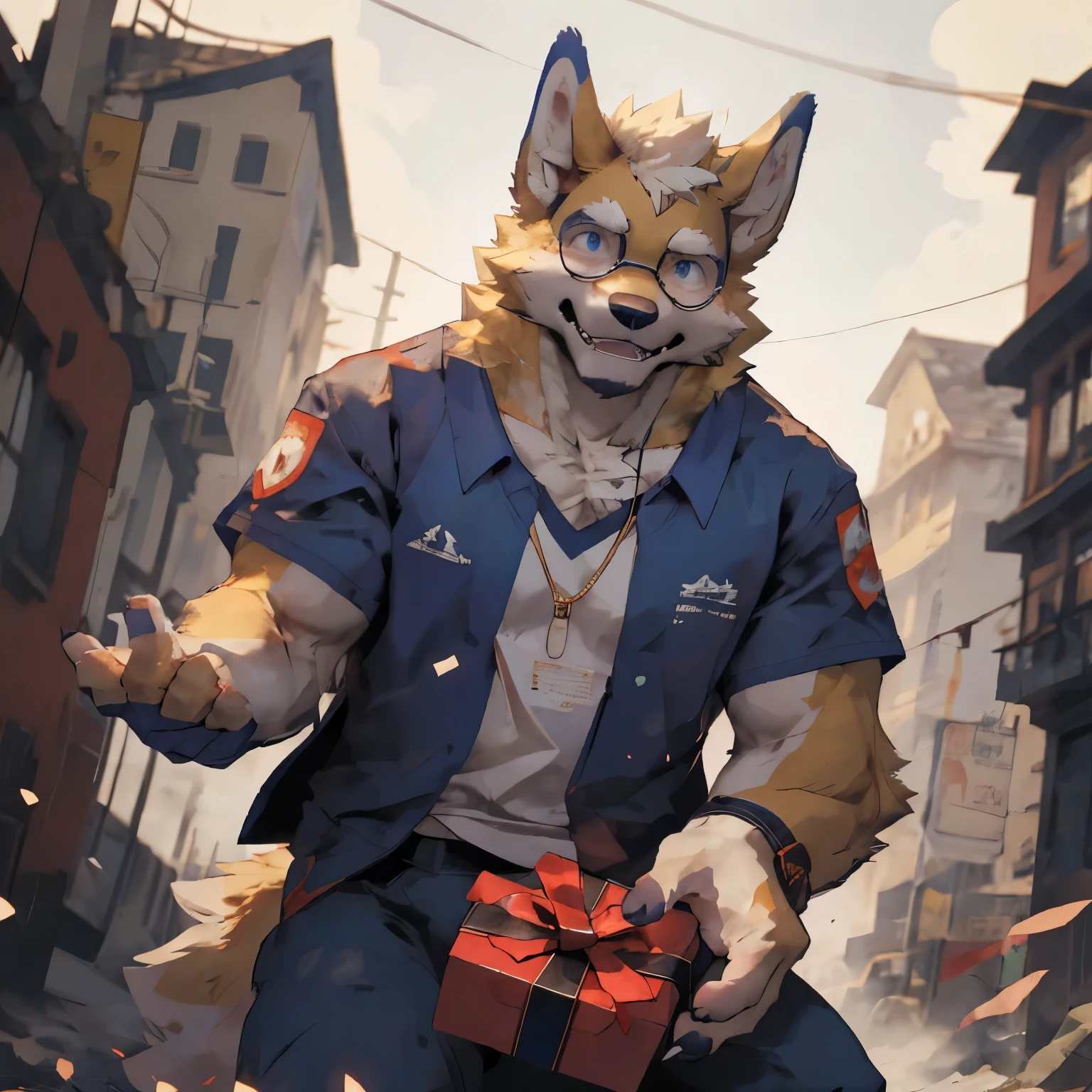 (masterpiece,best quality,Ultra Detailed,Perfect anatomical structure),Detailed background,Empty,New Jersey 5 Furry,Beast field, Perfect lighting,Light Particles,Sharp focus,Light Particles,Dog 1145,by lindong,on the street,(take a gift box),Break the dark theme,external,teacher,FOG, Solitary,Solitary foucs,male,male focus,anthropology,Canines,Chinese Pastoral Dog,muscular,(bust), (light yellow fur:1.7,White body:1.5),(blue eyes)Looking at the audience,A hand stretched out at the bottom of the picture,((Hold out your hand to the camera:1.7)),Delicate eyes, wearing clothes,Bottoms,((wear glasses)),sunny day,be shy,(blush),((just yellow fur,no black or blue fur)),no moustache