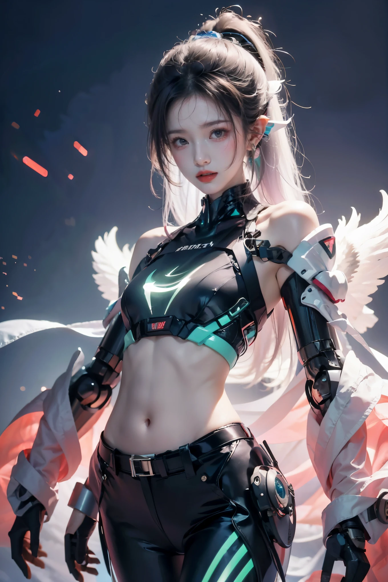 tmasterpiece,Best quality at best,A high resolution,8K,(portrait),(Close up of avatar),(RAW photogr),real photograph,digital photography,(cyberpunk queen),-yeld gilong ponytail hairstyle,By bangs,(pink and silver gradient hair),(Glowing emerald green eyes),Devil Eyes,Serious and charming,lightning glowing electronic components,silver wires and tubes connect the body,Complex light blue electronic texture,Weird technology symbols,Black round forehead symbol,Luxurious mechanical crown,Keep your mouth shut,(The chest is covered with a thin piece of cotton fabric that conveys the soft texture of a real human breast.),Photo pose,cyber punk perssonage,Future Style,Dawn Background,Shoulder exposed,Navel exposed,Flat Chest,Small breasts,Small breasts,Small waist,Small Ass,Thin legs,Leaner figure,Slim figure,Glowing blue eyes,Confidence,Thin, sharp, and bold, upturned eyes,The background is a futuristic city,Beautiful city background at sunrise,The skin is exposed on the shoulders.,The skin on the neck is exposed,The shoulders have exposed skin.,The skin on the neck is exposed,The light of the sunrise brightens my face,The neck is exposed and not covered by the suit,Her belly button is also exposed and not covered by the suit.,small waist width,The butt is very small,The legs are very thin,Both legs are thin,Chest shakes,breasts are small,Healthy reddish skin tone,Angel Fairy,