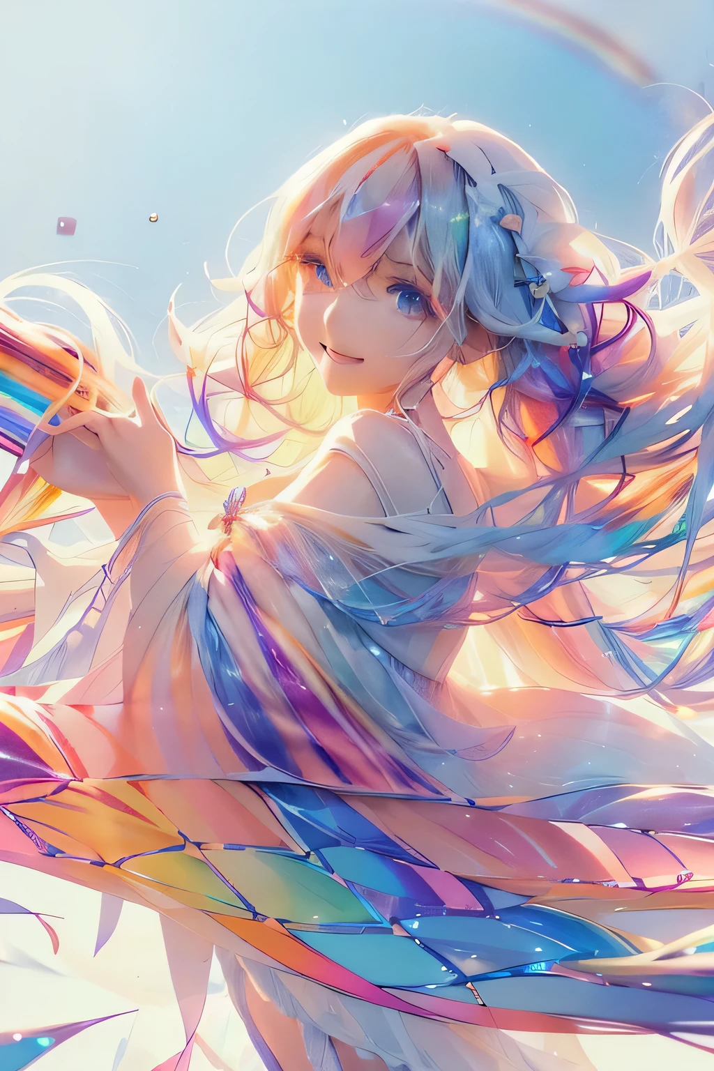 Fantasy, anime,Bright, (White background Plain white background:1.5),Girl,ager,Full body view,(((Rainbowless:1.5, Colorful Dresses, pastel, Rainbow Colors, Colorful))),short hair,Curly hair,Black Hair,Spiky Tiara, smile, Perfect Arms, Perfect Fingers