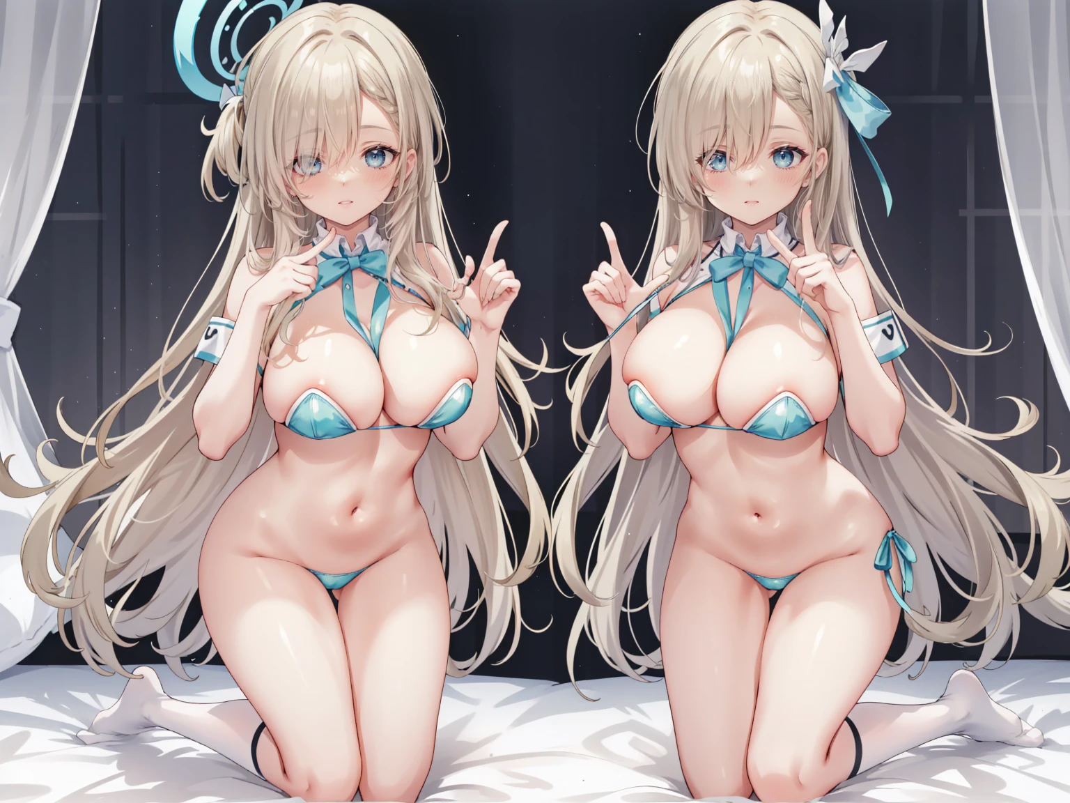 (high resolution), (Best Resources), (high quality), (masterpiece), 1 busty girl, Asuna, blue eyes, Long gray hair, Halo, hair covering one eye, Very long hair, Light brown hair, (, Cracked contrast rubber high socks, Red latex, Praying hands sign, Looking at the audience, 8K HD RTX, Exquisite finger details,Obscene content exposure,Slim body,Smile