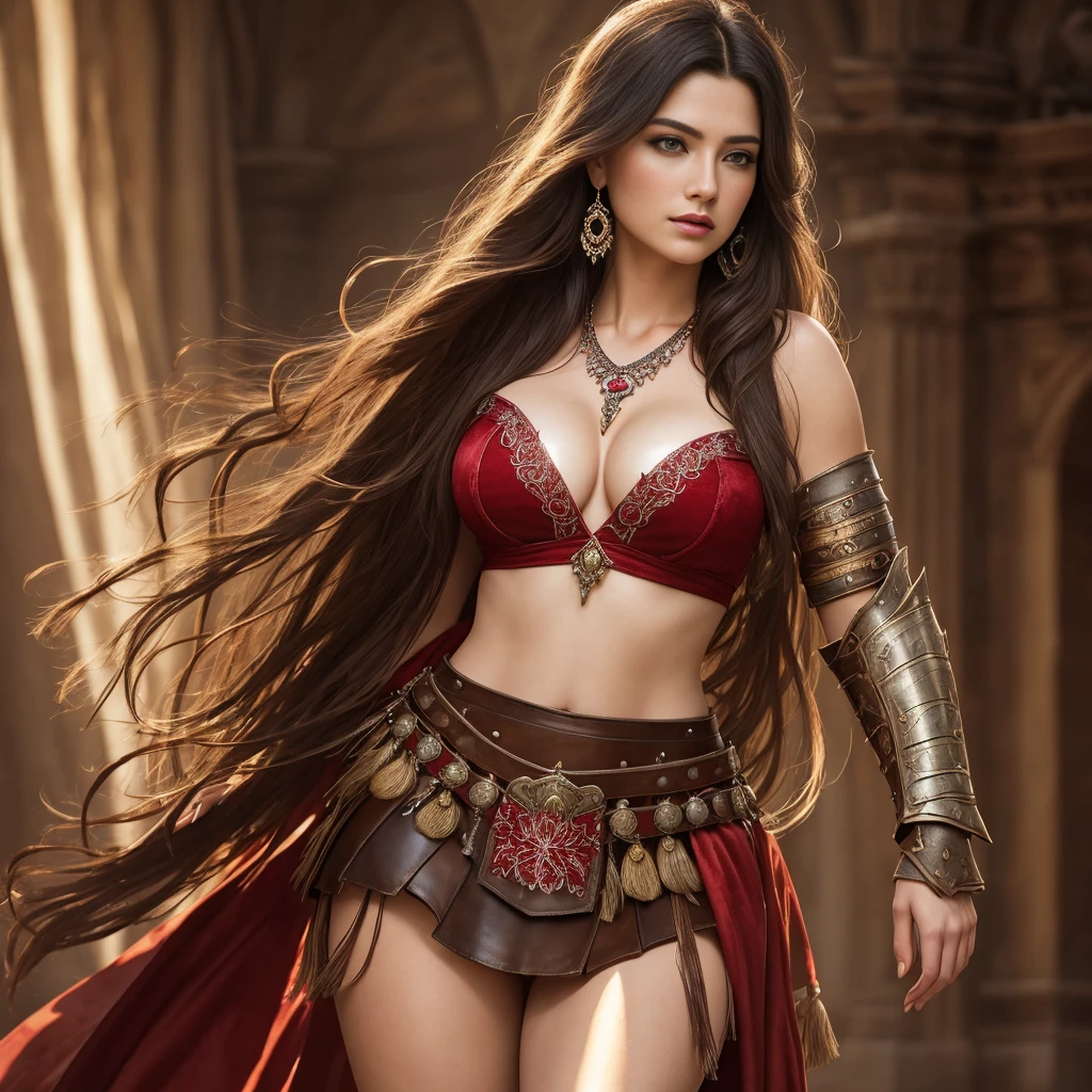 Best quality,masterpiece,ultra-detailed high res,(photorealistic:1.4),raw photo,illustration, (cowboy shot:1.2),solo, 1woman, Dark hair, Strapless,red eyeliner,large , v-neck, (Beautiful proportions necklace), (Dressed as a female warrior hero fantasy), (skimpy light (brown leather weathered) armour), (beautiful eyes :1.4), looking at viewer, earrings, dynamic angle,Opera House,messy_long_hair,ink,cinematic lighting,lens_flare, Velvet, chrysan,Ribbon,color embroidery, white gold red,
