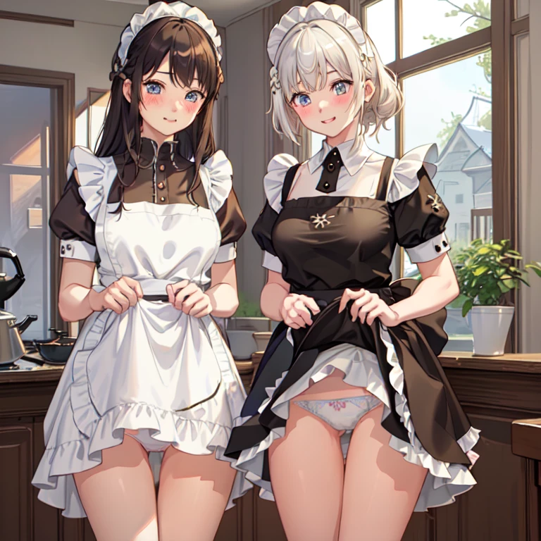 highest quality、masterpiece、((2 girls))、((smile))、(blush:1.3)、Black Shirt、blouse、((fun!!))、(Small breasts)、(One-strand braid)、(Blonde)、()、((White apron:1.5))、((Maid))、((hair ornaments)),、Kamimei、look at me、 ((in house:1.5))、 Taking a break from watching the audience、Cowboy Shot、(Skirt lift:1.3),(Highly detailed white panties:1.3)、(Highly detailed panties:1.3)、、(スカート that rolls up:1.3)、(Panties fully exposed:1.5)、Light blue eyes、long hair、spoken heart