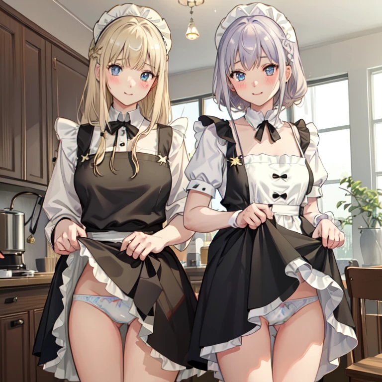 highest quality、masterpiece、((2 girls))、((smile))、(blush:1.3)、Black Shirt、blouse、((fun!!))、(Small breasts)、(One-strand braid)、(Blonde)、()、((White apron:1.5))、((Maid))、((hair ornaments)),、Kamimei、look at me、 ((in house:1.5))、 Taking a break from watching the audience、Cowboy Shot、(Skirt lift:1.3),(Highly detailed white panties:1.3)、(Highly detailed panties:1.3)、、(スカート that rolls up:1.3)、(Panties fully exposed:1.5)、Light blue eyes、long hair、spoken heart