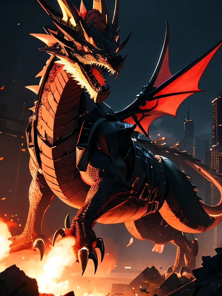 armed mechanical dragon, gigantic weapon, mechanical wings, large cannon, flying, cyberpunk, moonlight, night, sharp teeth, no humans, multiple missile pod, magic circle, red eyes, collapsed building, 

high resolution, masterpiece, best quality, ultra detailed, super fine illustration, 