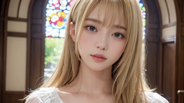 (long cut hair, Blonde Hair, bangs:1.2),(Wearing a blouse:1.2),1 girl,Japanese,28 years old,(Small breasts:1.3),(highest quality,masterpiece:1.3,超A high resolution,),(Ultra-detailed,Caustics),(Photorealistic:1.4,RAW shooting,)Ultra-Realistic Capture,Very detailed,High resolution 16K human skin close-up。 Natural skin texture、,Pores、、It needs to be detailed enough to be easily identifiable。 Skin should be even-toned and healthy looking。 Use natural light and colour, Sad expression, Looking at the camera, Perfect dynamic composition, Inside the church
