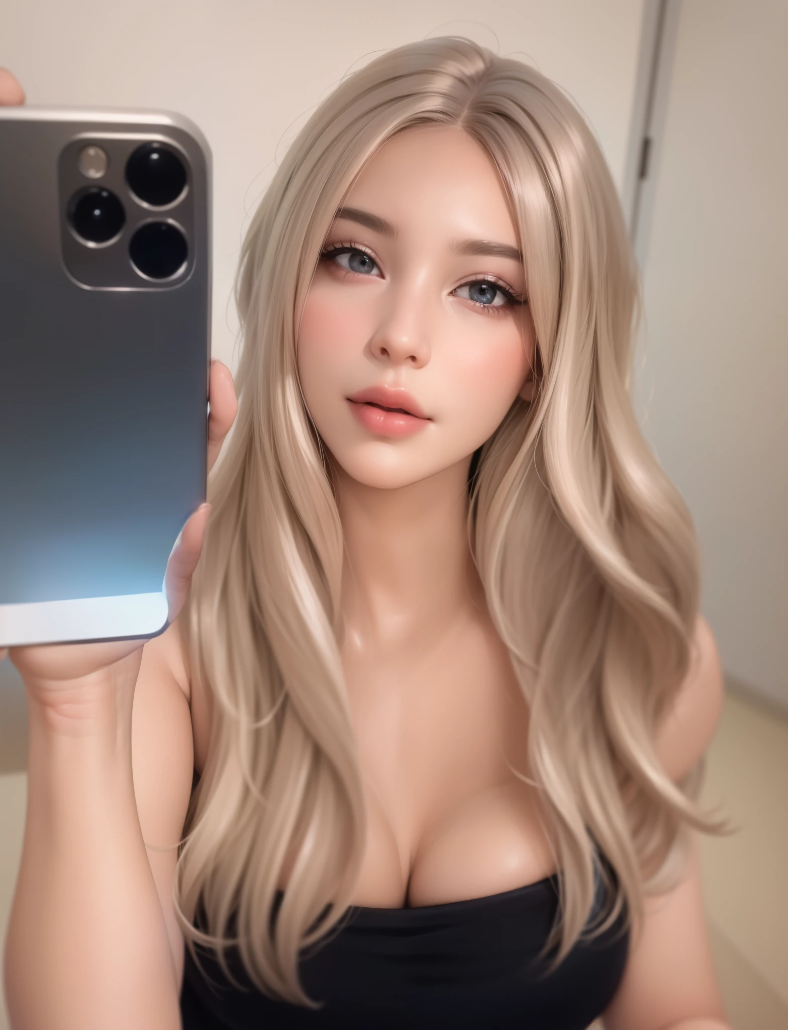 a closeup of a person holding a cell phone in his hand, estilo anime realista 3d, realistic art style, ig model | tipo germen, retrato de jisoo rosa negro, color de piel realista, realism artistic style, obra de arte al estilo de guweiz, adolescente hiperrealista, modelo de instagram, fotorrealista!!!!!!! Estilo de Arte, fotorrealista artstyle, fotorrealista anime