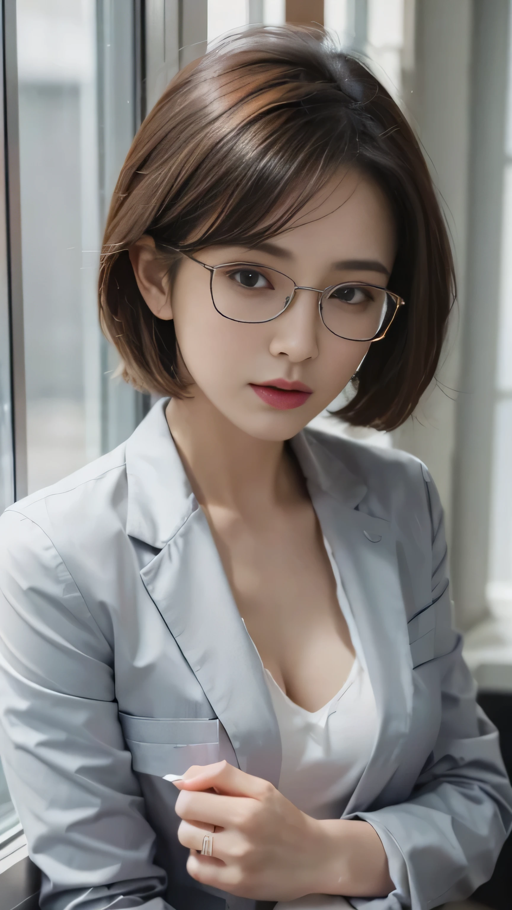 looking at viewer, movie lights, Perfect, soft light, high resolution skin:1.2, realistic skin texture, 30 year old mature woman、small face、what makeup、off shoulder,Breasts B cup、 exposed cleavage, 、Short hair, dark brown hair、Leggings、sporty、Full nudity、gray background