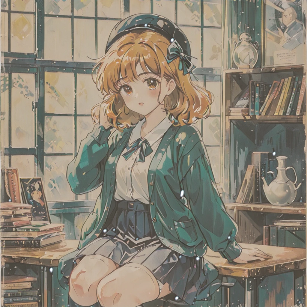 girl student attending a 1920s school. She wears a knee-length skirt paired with a blouse, stockings, and a cardigan. A hat sits atop her head, completing the ensemble. The scene exudes a sense of vintage charm and academic seriousness. Bright vibrant colors 