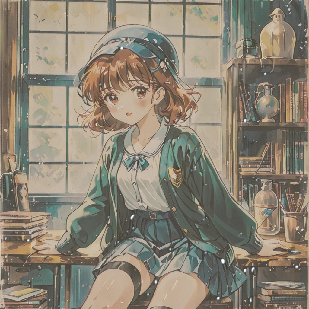 girl student attending a 1920s school. She wears a knee-length skirt paired with a blouse, stockings, and a cardigan. A hat sits atop her head, completing the ensemble. The scene exudes a sense of vintage charm and academic seriousness. Bright vibrant colors 