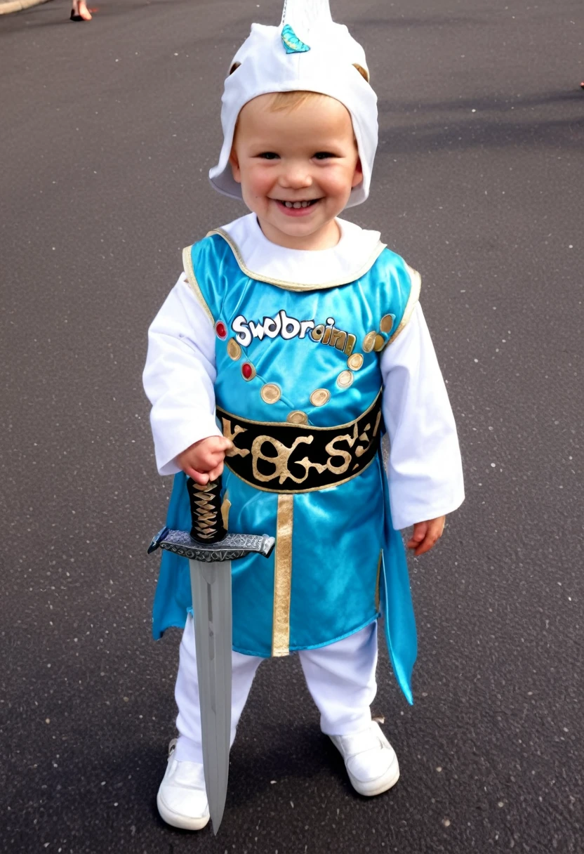cute swordsman, smiling, ddler wearing cute costume, carnival, fun, happy, text say "SWORDSKIDS"