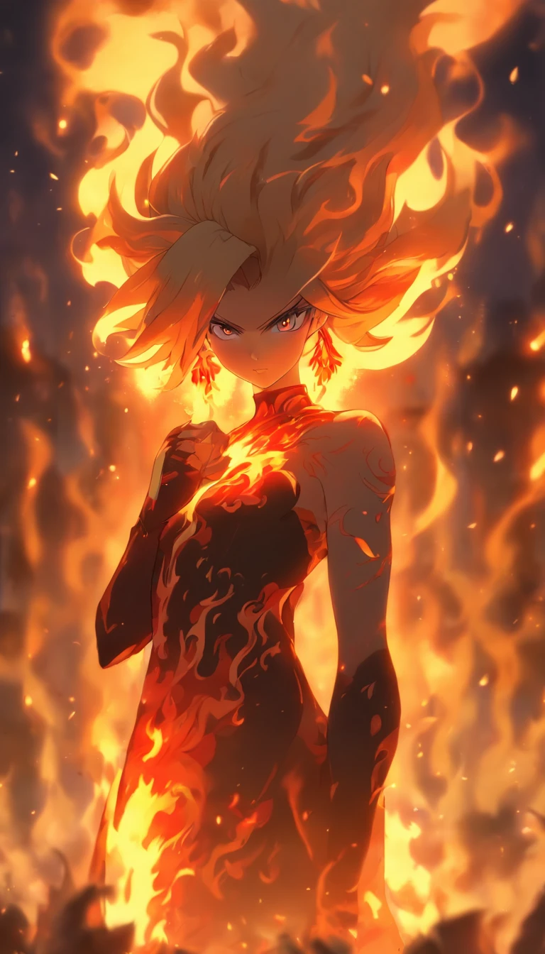 1girll, bangs, breathingfire, Burning, burnt clothes, embers, ahoge, Beige hair, multicolored hair, Fire, Flame, Flaming Sword, (hand on hilt), standing, Long hair, pyrokinesis, Expressionless, Smoke, flower(symbol), Solo, spark of light, Sunset, Twilight, flor branca, Molten rock, Lily (flower), fiery flower, Depth of field, Burning ,