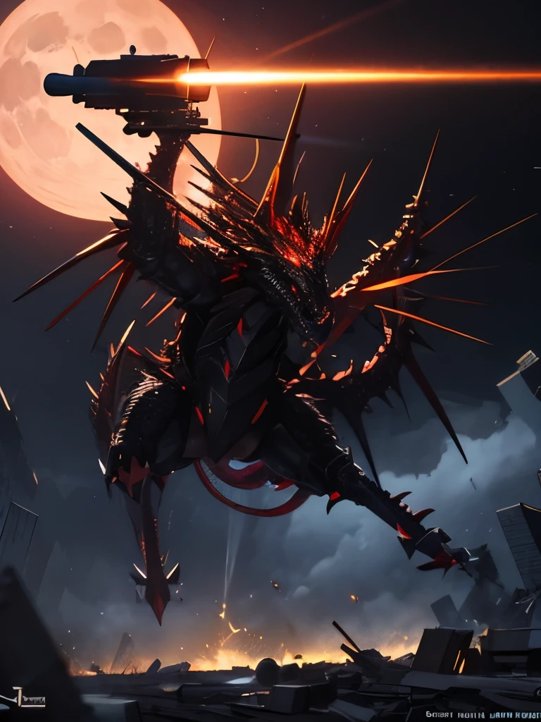 armed mechanical dragon, gigantic weapon, mechanical wings, large cannon, flying, cyberpunk, moonlight, night, sharp teeth, no humans, multiple missile pod, magic circle, red eyes, collapsed building,
high resolution, masterpiece, best quality, ultra detailed, super fine illustration,