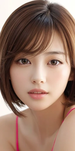 masterpiece、highest quality、High resolution、Tabletop、wallpaper、Realistic、Bright lighting、Professional Lighting、Face Light、Smooth lighting、Japanese women、Adult、Beautiful woman、action、gravure、sexy、poor、so beautiful、Beautiful Skin、Beautiful and detailed、Detailed face、slim、moderately、short hair、Brunette colored hair、Brown eyes、Looking at the camera、I have a lemon