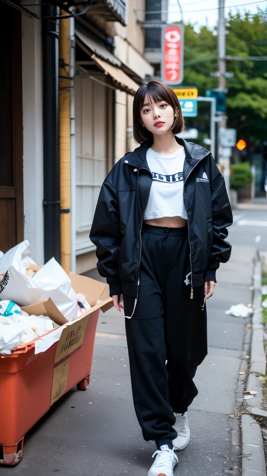 18-year-old,Korean women,(((Facing forward))),カメラをGlaring,(Very fine eye), (((Fabric Shading))), (((highest quality))), (((masterpiece))) strong girl, (((Realistic))), Black Hair, chic hairstyle, ((With bangs,Straight medium bob cut, nice hair)), Light makeup,Red eyes, I&#39;m not wearing lipstick,(((Retro-futuristic outfits))), (nice, strong, It Girl), Strong night atmosphere,  Centered Images, Focus on the camera, Elegant colors,Realistic Skin,Realistic texture,８k,whole body,Pale skin, (((Dirty garbage dump))),Red iris,Expressionless,(((He is wearing a big black down jacket. ))),Glaring,Perfect Face,(((Big eyes))),She is wearing wide black hip-hop style pants.,Mouth closed, portrait of aespaのウィンター,She is wearing black streetwear, Woman in black streetwear, Photo of a woman in black tech clothing, Girl wearing black hoodie, Cyberpunk Streetwear, Cyberpunk Streetwear street fashion e-girl,Perfect thumbs up