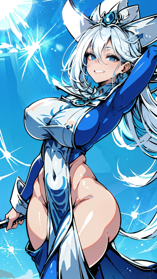Silent magician,(( abdomen grande, abdomen colgado, panza, ruborizada, sonrisa, ahegao , ahegao expression, Shiny oiled skin )), (vientre colgando), pelo largo, cabello blanco, (( white hair)), cuerpo con curvas, very , monstruo de duelo, piernas abiertas, Iparuputsua, magic world background, mundo medieval .