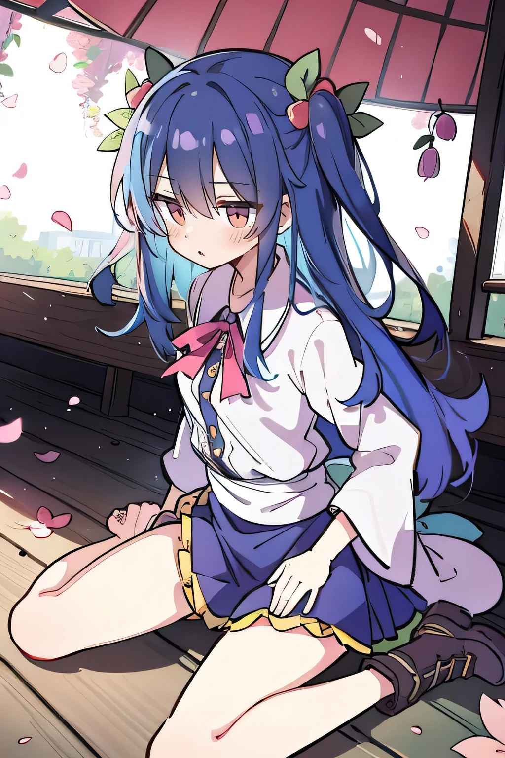(best quality, masterpiece:1.2), expressive eyes, perfect face, 1 girl, hands on waist, beautiful, gorgeous, Japanese animation, Lola, Hinamori Angel, blue hair, floating clothes, waist grab, waist grab, hands on hips, sitting, sitting on the ground, legs on the ground, flat-chested, falling petals, sitting in a pavilion, pavilion.