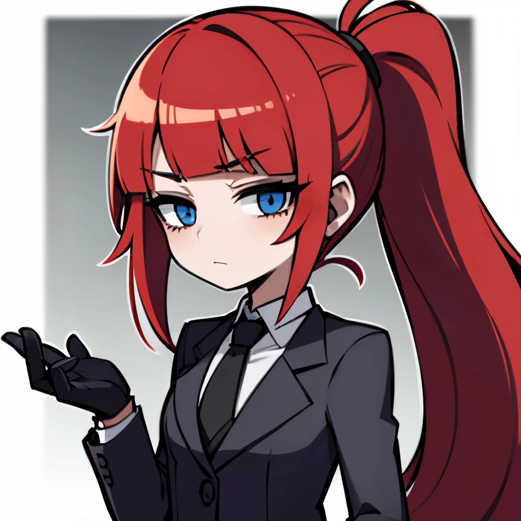 1girl, red hair, long hair, sidelocks, blunt bangs, blue eyes, blush, pale skin, flat chest, uit, formal wear, black gloves, tie, ponytail