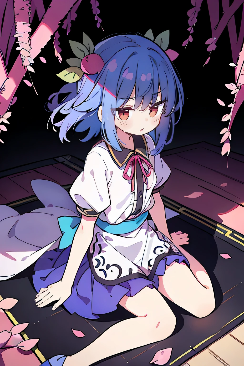 (best quality, masterpiece:1.2), expressive eyes, perfect face, 1 girl, hands on waist, beautiful, gorgeous, Japanese animation, Lola, Hinamori Angel, blue hair, floating clothes, waist grab, waist grab, hands on hips, sitting, sitting on the ground, legs on the ground, flat-chested, falling petals, sitting in a pavilion, pavilion.