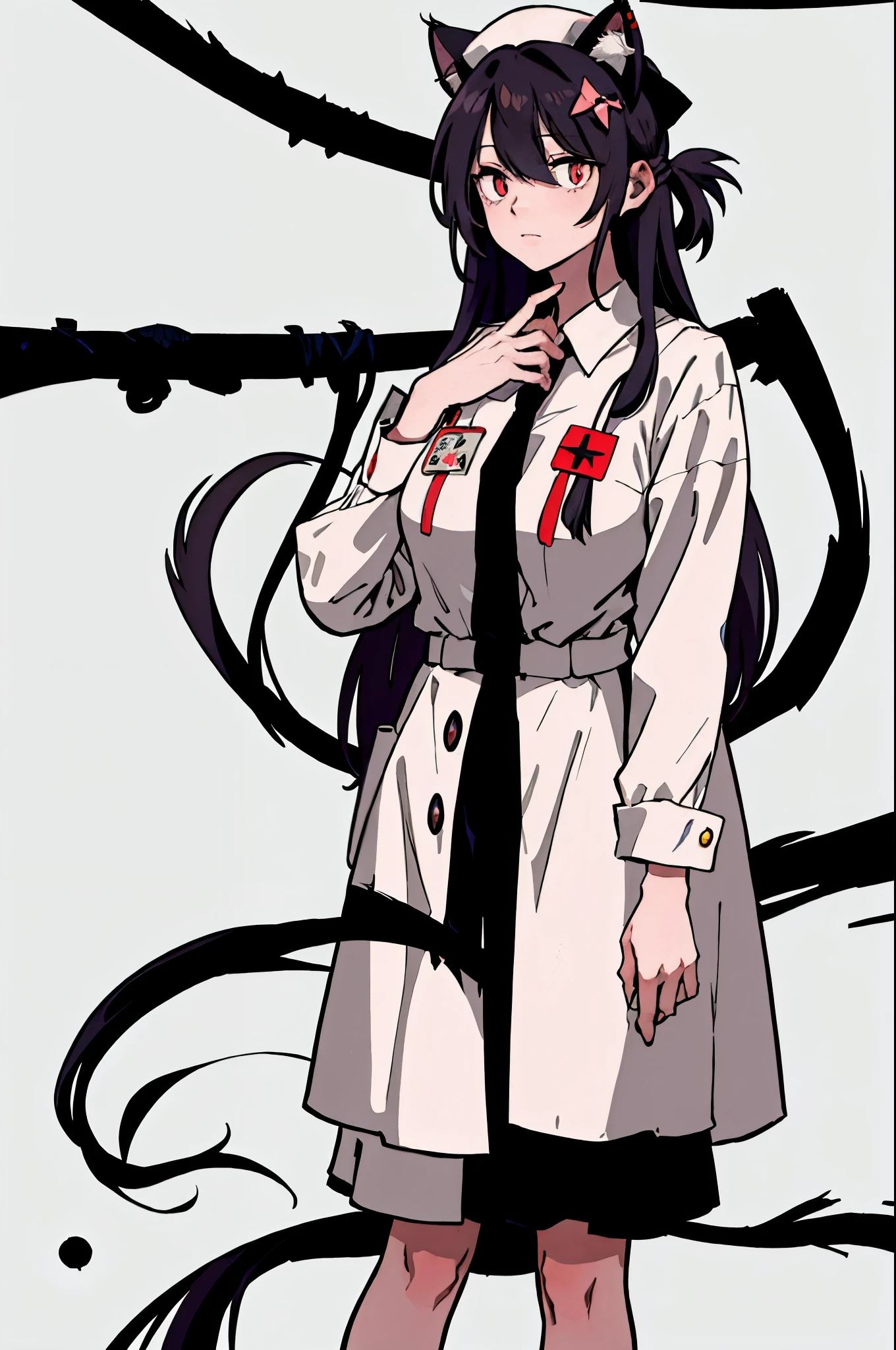 Long Hair, low-tied Long Hair, Nurse cap, eyeball, Big eyes, Cat ear, compensate, Surrealism, Surrealism, modern art, realism, image debtill, silhouette, Chiaroscuro, debtirst-person view, debt/1.8, Ultra-high resolution, masterpiece, 16k, 8k