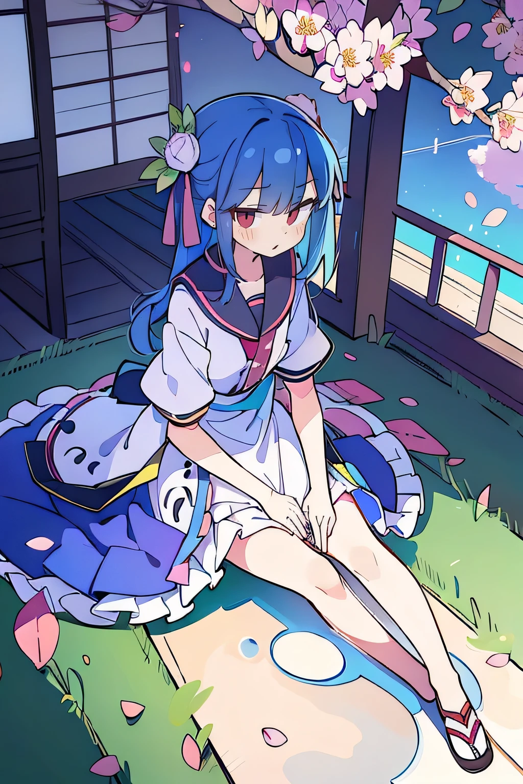 Anime girl sitting on the ground with a cat in her lap - SeaArt AI